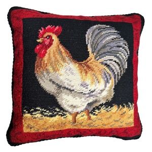 Rooster Needlepoint‎ Pillow Country Chicken 13x13 Black Red Farmhouse Decor